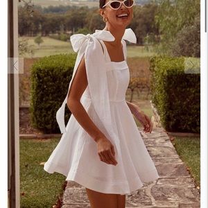 NWT DISSH Aisle White Linen Mini Dress, Bow Ties